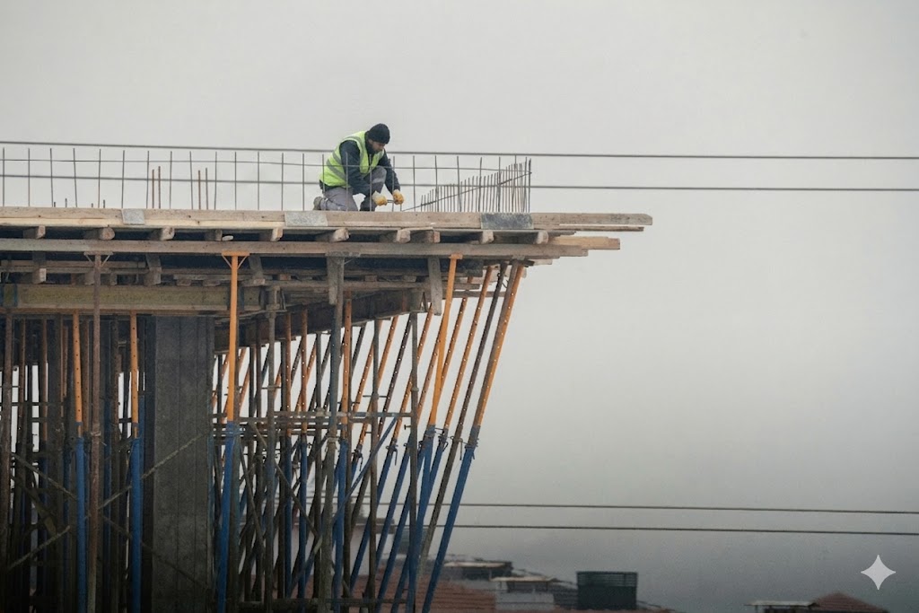 Worker on foggy framing platform with detected hazards